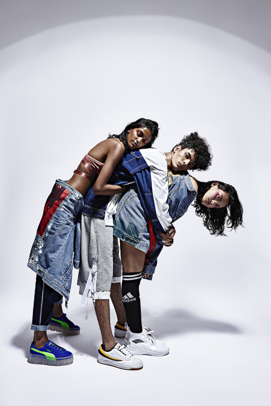 On Radhika: Bralet: Hunkemoller, Jacket: Feisty Lu, Jeans: Levi’s, Shoes: Fenty Puma by Rihanna + On Chakshu: Jumper and Shorts: Nought One by Abhishek Paatni, Shoes: Fila + On Suzanne: Jacket: Feisty Lu, Socks: Adidas, Shoes: Puma, Fashion, Photography, Lifestyle, currentmood, currentmoodmagazine, fashion magazine, online fashion magazine, fashion magazine in India, Indian fashion magazine